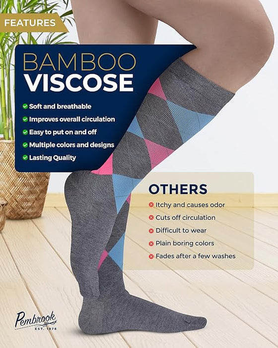 Pembrook Bamboo Viscose Light Compression Socks - 3 Pairs | 8-15 mmhg Compression Socks | Knee High Comfort Support Socks