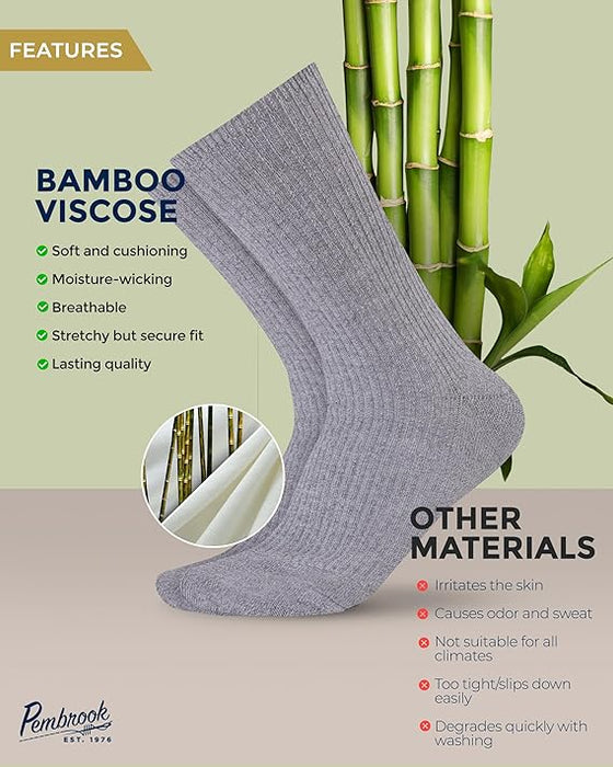 Pembrook Ribbed Knit Bamboo Viscose Diabetic Socks - 6 Pairs Crew Neuropathy Socks for Women | Diabetic Socks for Women