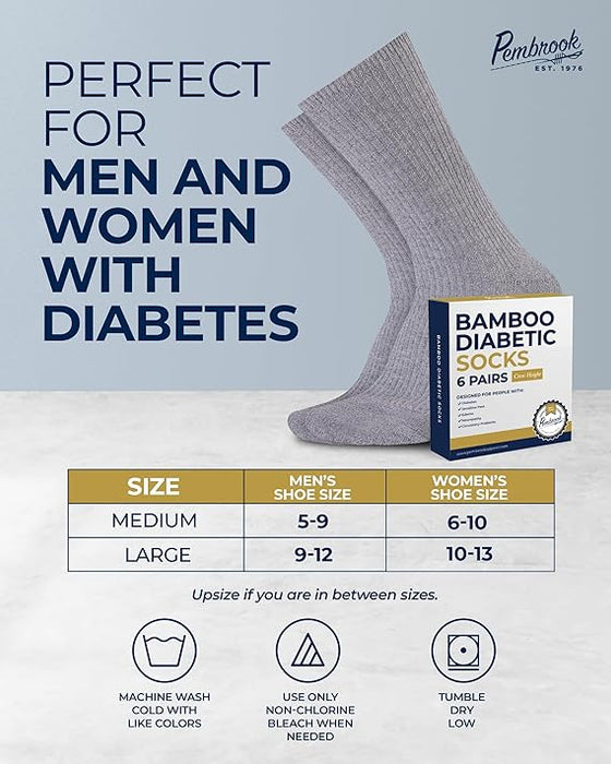 Pembrook Ribbed Knit Bamboo Viscose Diabetic Socks - 6 Pairs Crew Neuropathy Socks for Women | Diabetic Socks for Women