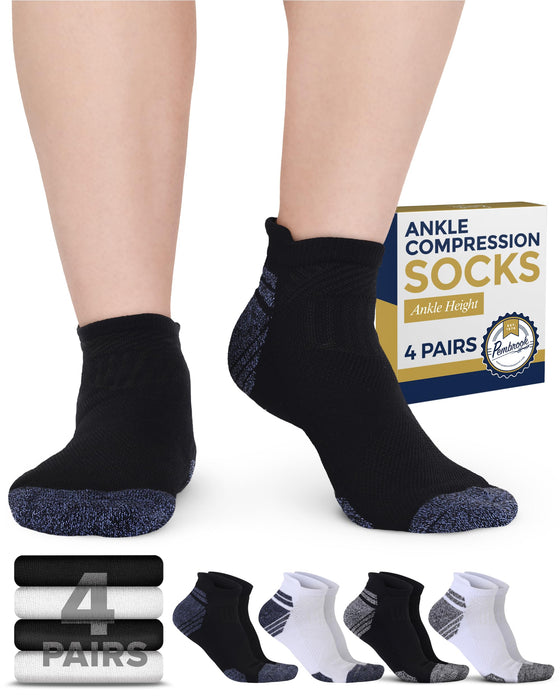 Pembrook Ankle Compression Socks for Women & Men - 4 Pairs | Sports Running Compression Socks | Athletic Ankle Support Socks