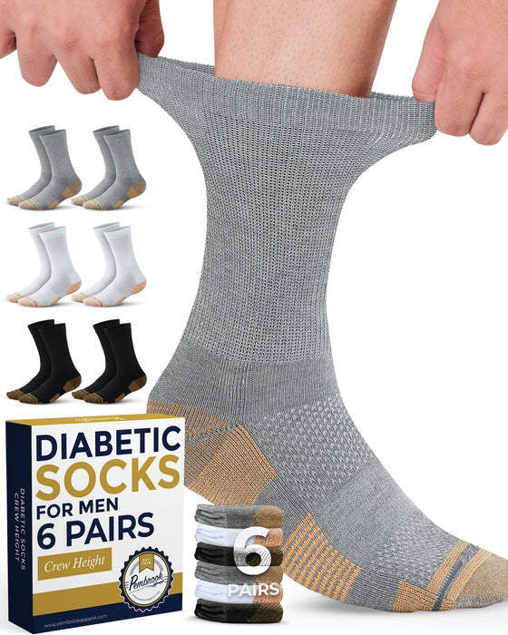 Pembrook Diabetic Socks for Men - 6 Pairs Crew Diabetic Neuropathy Socks for Men, Mens Diabetic Socks, Non Binding Socks