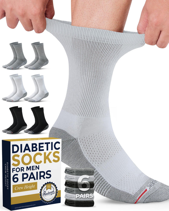 Pembrook Diabetic Socks for Men - 6 Pairs Crew Diabetic Neuropathy Socks for Men, Mens Diabetic Socks, Non Binding Socks